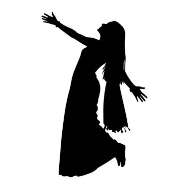 Uzun, dalgalı bir elbise içindeki siyah bir kadın silueti ve bir eşarp dansın ortasında yakalandı. Kolları yukarı ve dışarı doğru uzanıyor, kafası geriye doğru eğik, ve vücudu dinamik, sıçrayan bir pozisyonda. Eşarp etrafını sarıyor, hislerini arttırıyor.