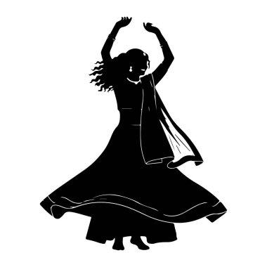 Kolları havada dans eden siyah bir kadın silueti. Uzun, dalgalı bir elbise giyer ve omuzlarına bir eşarp takar. Saçları dalgalı ve vücudu dinamik bir poz veriyor. Bu da hareket ve kutlama olduğunu gösteriyor. Çizim bir grafikte.