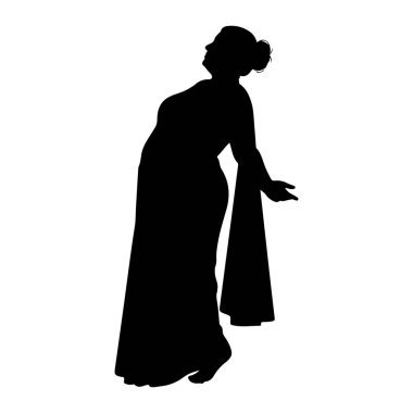 Beyaz arka planda siyah bir kadın silueti tasvir edilir. Etrafını saran uzun, dalgalı bir elbise giyiyor. Kafası geriye doğru eğik ve kolları açık, bir eli sanki bir ifade ya da performans jesti gibi. Şey...