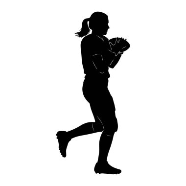 Profilde siyah siluet bir kadın, kollarında bir futbol topuyla koşuyor. Atkuyruğu var ve atletik kıyafetler ve kramponlar giyiyor. Görüntü beyaz arkaplanda.