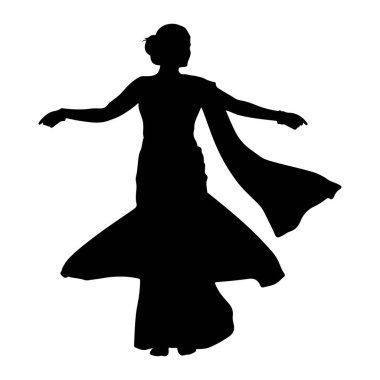 Uzun, dalgalı elbiseli bir kadının siyah silueti dansın ortasında yakalandı. Kolları açık, elbisesinin kumaşı ve etekli bir eşarp etrafında dönüyor, dinamik bir hareket hissi yaratıyor. Beyaz bir torbaya karşı izole edilmiş.