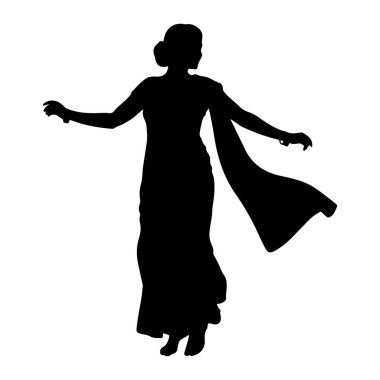 Siyah bir kadın silueti kollarını açmış duruyor. O da uzun, dalgalı bir elbise ve omzuna sarılı bir eşarp giyiyor, ki o da hareket halinde. Saçları şekillenmiş. Şekil beyaz bir arkaplanda izole edilmiştir..