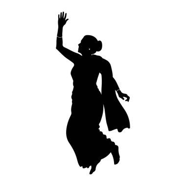 Sari giymiş siyah bir kadın silueti atlayışın ortasında yakalandı. Sağ kolu yukarıda, eli açık ve sol kolu hafifçe geriye doğru uzanıyor. Etrafındaki sari kumaşlar hareketleriyle dinamik bir şekilde akıyor. Saçları.