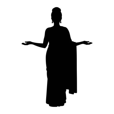 Siyah bir kadın silueti kolları açık ve hafifçe yukarı doğru uzanıyor. Geleneksel gibi görünen bir elbise giyiyor. Muhtemelen bir koluna kumaş düşmüş bir sari. Saçları bir topuz şeklinde, başının üstünde.