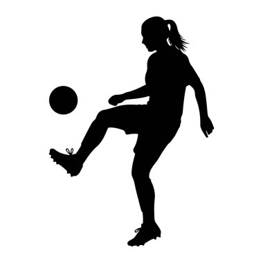 Futbol oynayan siyah bir kadın silueti. Şort ve krampon giyiyor ve saçları at kuyruğu şeklinde geri çekiliyor. Ayağının yanında bir futbol topu var. Tekmeleme ya da hokkabazlık sürecinde olduğunu gösteriyor. Arka plan sade. 