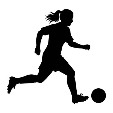 Hareket halinde, futbol oynayan siyah bir kadın silueti. Saçları at kuyruğuyla koşuyor ve sağ ayağı bir futbol topunu tekmelemek için uzatılmış. Resim, beyaz arkaplana karşı basit, grafik bir gösterimidir.