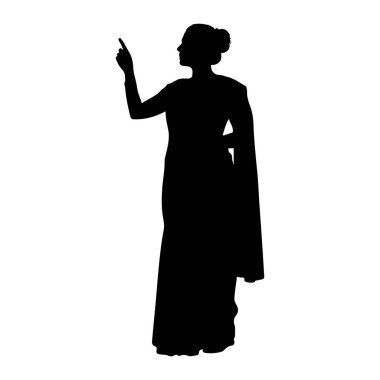 Profilde görünen siyah bir kadın silueti. Sari 'ye benzeyen geleneksel örtülü giysiler giyiyor. Saçları topuz şeklinde ve sağ kolu yukarıda, işaret parmağı yukarı doğru uzanıyor. Arkaplan düz beyaz.