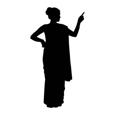 Siyah bir kadın silueti sol eli kalçasında, sağ kolu ise işaret parmağıyla uzanıyor. Geleneksel bir elbise ya da sari gibi görünen bir şey giyiyor. Saçları topuz şeklinde. Görüntü izole edilmiş.