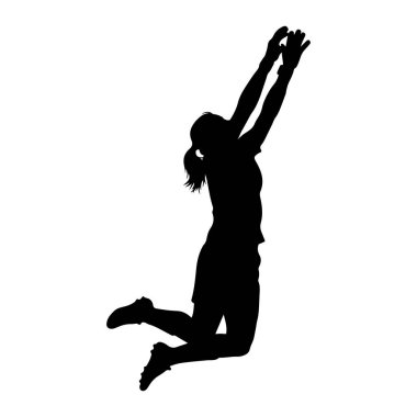 Siyah bir siluet bir kadın havada, kolları yukarı ve elleri uzanıyor. O, şort ve ayakkabılar da dahil olmak üzere atletik giysiler giyiyor ve saçları at kuyruğu şeklinde bağlanmış. Görüntü tam bir siyah beyaz grafiktir.