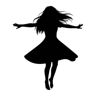 Uzun, dalgalı saçlı bir kadının siyah silueti dinamik bir pozda tasvir edilir, kolları açık bir şekilde döner. O, hareketini vurgulayan alevli bir elbise giyiyor. Görüntü beyaz bir arkaplanda izole edilmiş, katıksız bir hat oluşturur