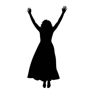 Siyah bir kadın silueti kollarını başının üstüne kaldırmış duruyor. Uzun, kıvırcık saçları var ve bacaklarının etrafını saran uzun, dalgalı bir elbise giyiyor. Vücudu hafifçe öne doğru açılı ve ayakları bir arada. Siluet...