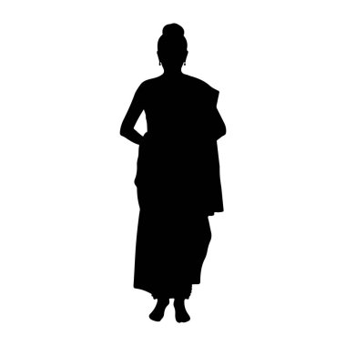Beyaz arka planda duran siyah bir kadın silueti. Geleneksel örtülü kıyafetler giyiyor, muhtemelen bir sari, ve saçlarını topuz şeklinde yaptırıyor. O da küpe takıyor. Onun duruşu dik ve zarif..