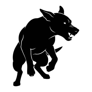 Bir köpeğin siyah silueti dinamik ve agresif bir şekilde tasvir edilir. Ağzı açık, keskin dişleri ortaya çıkıyor ve kulakları öne eğilmiş, bu da tetikte olduğunu gösteriyor. Köpek hareket halinde gibi görünüyor, muhtemelen saldırıyor ya da saldırmaya hazırlanıyor. Şey... 