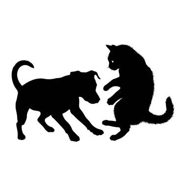Siyah bir köpek silueti, bir kedinin siyah silueti ile eğlenceli bir şekilde etkileşim içindedir. Köpek düşük bir duruş içinde, kedi arka ayakları üzerinde dururken, oyun davet ediyor gibi görünüyor, ön pençelerini kaldırmış köpeğe doğru bakıyor. Arka tarafta.