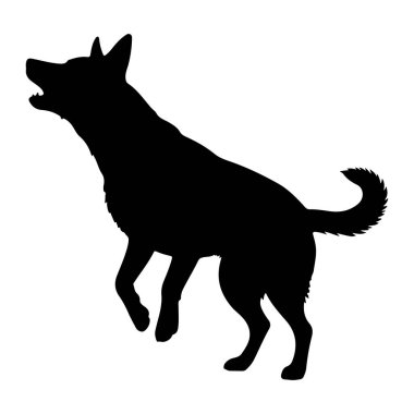 Beyaz arka planda siyah bir köpek silueti tasvir edilir. Köpek sanki havlıyormuş gibi ağzı açık, dinamik bir pozdadır. Kulakları yukarıya dönük ve kuyruğu kıvrımlı. Siluet açıkça köpeğin gövdesini, bacaklarını ve kafasını gösteriyor.,