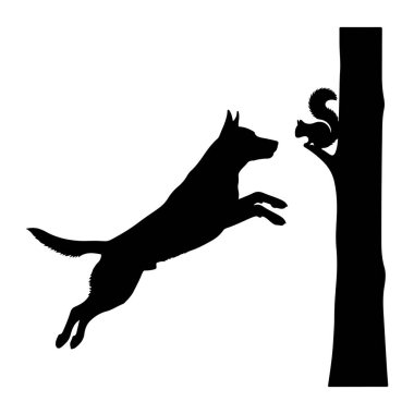 Bir köpeğin siyah silueti, küçük bir sincabı kovalarken vücudunun genişlediği bir sıçrayışın ortasında yakalanır. Sincap, bir ağaç gövdesinin siyah bir siluetine tünemiş takip eden köpeğe bakıyor. Arkaplan bembeyaz, Stark B 'yi vurguluyor.