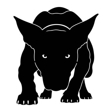 Çömelmiş vaziyette öne bakan siyah bir köpek silueti tasvir edilir. Köpeğin büyük, sivri kulakları vardır ve gözleri beyaz çizgiler gibi görünür. Ön pençeleri öne doğru uzanır, farklı ayak ve pençeleri vardır. Vücut stilize edilmiştir., 