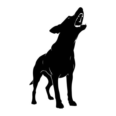 Bir köpeğin siyah silueti dört ayağı üzerinde duruyor, başı arkaya eğik ve ağzı açık bir şekilde uluyor ya da havlıyor. Köpeğin dişleri görünür ve kulakları öne eğilmiş. Siluet düz beyaz bir zemin üzerinde, ince beyaz