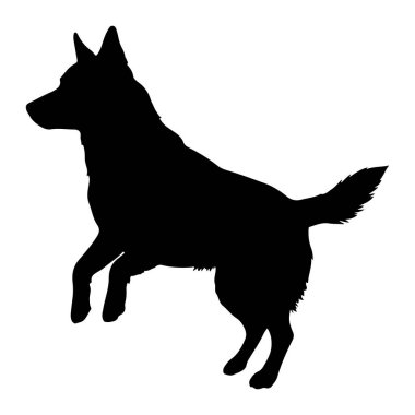 Beyaz bir arka plana atlayan siyah bir köpek silueti. Köpek ön bacakları önde ve arka bacakları aşağıda sıkışmış şekilde tasvir edilir, bu da dinamik bir sıçrama ya da oyuncu bir hareket olduğunu gösterir. Kulakları yukarı ve tay şeklinde.