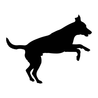 Siyah bir köpek silueti, beyaz bir arka plana atlarken görüntülenir. Köpeğin vücudu yukarı doğru açılıdır, ön pençeleri açılıdır ve arka bacakları bükülüdür, bu da enerjik bir hareket ve oyunculuk hissi verir. Taslak keskin ve de...