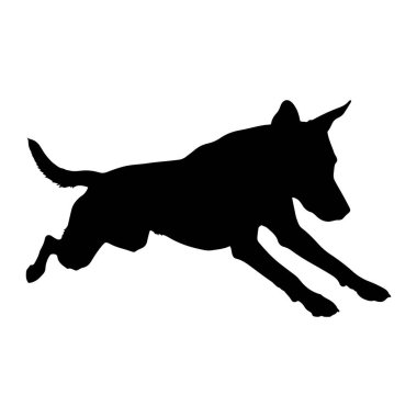 Bir köpeğin siyah bir silueti sıçrayışın ortasında yakalanır, vücudu ileri doğru uzanır ve bacakları açılır. Köpeğin kuyruğu yukarı doğru kıvrılmış ve kulakları sivri. Siluet, dinamik duruşunu vurgulayarak, düz beyaz bir arkaplana sabittir. 