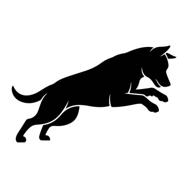 Bir köpeğin siyah silueti sıçrayışta yakalanıyor, vücudu ileri doğru uzanıyor ve güçlü bacakları itiliyor. Kuyruk geriye doğru kıvrılır ve başı eğik olur. Bu da odak ve momentum demektir. Beyaz arkaplan karşıtlığı vurguluyor 