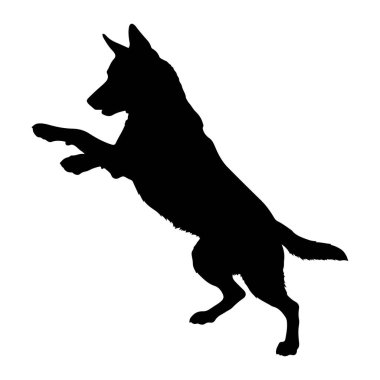 Siyah bir köpek silueti, beyaz bir arka plana doğru sıçramanın ortasında yakalanır. Köpeğin vücudu yukarı doğru açılıdır, ön pençeleri öne doğru açılıdır ve arka bacakları bükülüdür, bu da zıplama ya da oynamanın dinamik bir anını işaret eder. Taslak açık!