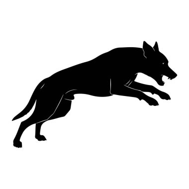 Sıçrayışın ortasında, ağzı açık, keskin dişleri olan siyah bir köpek silueti. Köpeğin vücudu gergin ve dinamiktir. Saldırganlık ve güç duygusu taşır. Köpeğin ana hatları düz beyaz bir arkaplana karşı katıdır..