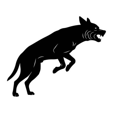 Sıçrayışın ortasında, ağzı açık, keskin dişleri olan siyah bir köpek silueti. Köpeğin gövdesi dinamik açıdan açılıdır, ön bacakları öne doğru uzanır ve arka bacakları onu takip eder. Beyaz çizgiler köpeğin boynunu ve yüzünü vurguluyor.