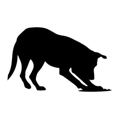 Bir köpeğin siyah silueti saf beyaz arka planda oyuncu bir pozla tasvir edilir. Köpek, ön pençeleri yere doğru uzanmış, sanki görünmeyen bir şeyle etkileşim içindeymiş gibi, hareketin ortasında yakalanır. Gövdesi aşağıda, kuyruğu hafif kuru üzüm gibi.