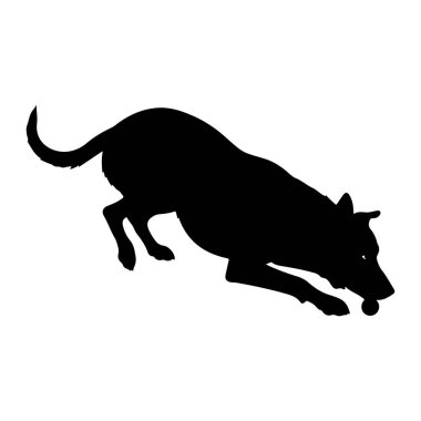 Bir köpeğin siyah silueti hareket halinde bedeni yere yakın ve bir pençesi ileri doğru uzanmış şekilde tasvir edilir. Köpek küçük, yuvarlak bir nesneyle oynuyormuş gibi görünüyor, muhtemelen ağzında tutulan bir top. Arka plan çok açık.