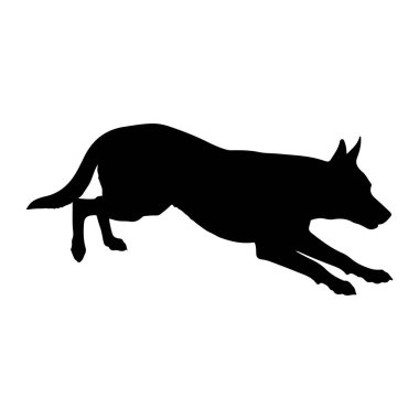 Siyah bir köpek silueti, koşarken ya da sıçrarken orta basamakta yakalanır. Köpeğin gövdesi uzamış, ön bacakları öne doğru ve arka bacakları da arkaya doğru uzamış. Kuyruğu uzanıyor ve kulakları yukarıya bakıyor. Siluet...