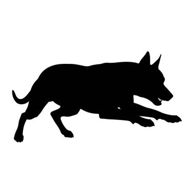 Bir köpeğin siyah silueti orta adımda tasvir edilir, koşuyor ya da bir şeyi kovalıyormuş gibi görünür. Köpeğin vücudu uzamış, bacakları genişlemiş ve ağzı açık kalmış. Bu da egzoz ya da vokalizasyona işaret ediyor. Siluet bir Pla 'ya karşı katıdır.