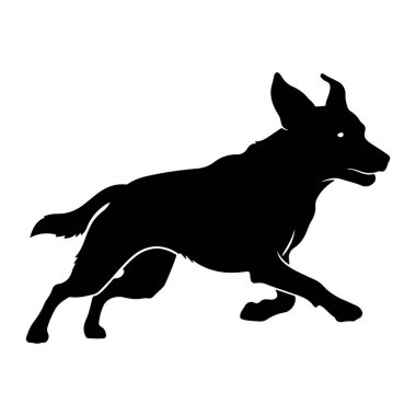 Siyah bir köpek silueti, koşuyor ya da sıçrıyor gibi görünüyor. Köpek, kulakları açık ve ağzı açık bir şekilde yandan tasvir edilir. Bu da hareket ve enerji göstergesidir. Koyu siyah form, temiz beyaz bir arkaplan üzerine kuruludur. 
