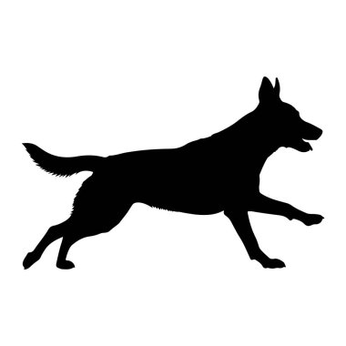 Siyah bir köpek silueti, orta basamaklı, dinamik bir duruşta yakalandı. Köpeğin ağzı açık, efor ya da heyecan öneriyor, ve kuyruğu yukarıda tutuluyor. Beyaz arkaplan karşıtlığı biçimi ve hareketi vurgular.