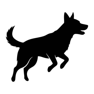 Koşuyor ya da zıplıyor gibi görünen, tam bir siyah köpek silueti. Köpeğin sivri kulakları, gür bir kuyruğu var ve ağzı sanki nefes nefese veya havlıyormuş gibi açık. Siluet, düz beyaz bir arkaplan üzerinde izole edilmiştir. 