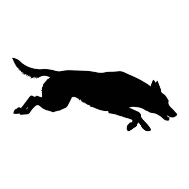 Siyah bir köpek silueti, koşuyor ya da zıplıyor gibi görünüyor. Köpek, bedeni genişlemiş, bacakları hareket halinde ve kuyruğu havada bir şekilde tasvir edilir. Siluet, düz beyaz bir arkaplan üzerinde durarak, formu vurguluyor ve 
