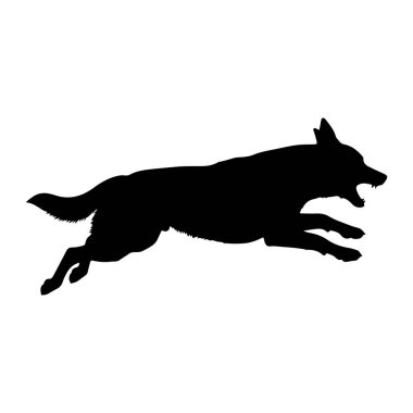 Havada koşan ya da zıplayan hareketli bir şekilde yakalanmış siyah bir köpek silueti. Köpeğin ağzı açık, dişlerini gösteriyor ve kuyruğu uzatılmış. Siluet, düz beyaz bir arkaplan üzerinde keskin bir şekilde tanımlanır, formunu vurgulayarak