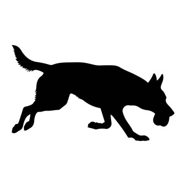 Beyaz arka planda hareket eden siyah bir köpek silueti tasvir edilir. Köpek, muhtemelen bir Alman çoban köpeği ya da benzeri, koşuyor ya da zıplıyor gibi, vücudunu yere yakın tutuyor. Yuvarlak bir objec taşıyor.