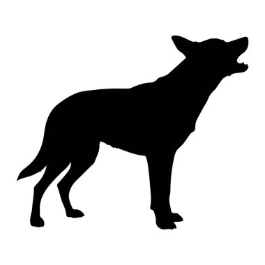 Beyaz arka planda duran siyah bir köpek silueti. Köpek ağzı açık bir şekilde yüzünü çeviriyor, havlıyor ya da uluyor gibi. Kulakları yukarıya dönük ve kuyruğu aşağıda tutuluyor. Siluet temiz ve basit, ayırt edilebilir detaylar yok.