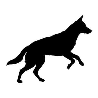 Beyaz arka planda siyah bir köpek silueti tasvir edilir. Köpek, ya orta sıçrayışta ya da orta adımda gibi görünüyor, bacakları açık ve gövdesi öne doğru açılı. Kulakları sivri ve kuyruğu arkasında uzanıyor. Genel izlenim şu: