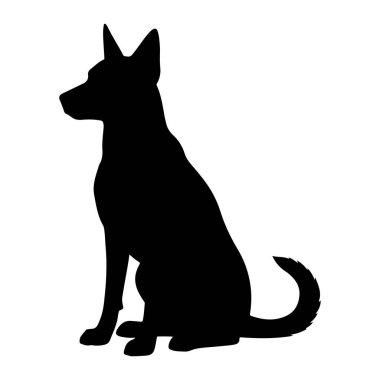 Bir köpeğin siyah silueti, beyaz bir arka planda dikkatlice oturan bir profille tasvir edilir. Köpeğin dik kulakları ve kuyruğu hafifçe kıvrılır. Görüntü, hayvanın şeklinin temiz ve basit bir grafik gösterimidir..