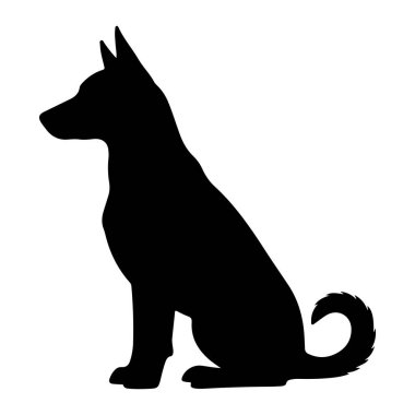 Katıksız siyah bir köpek silueti, saf beyaz bir arka planda, profilde otururken resmedilir. Köpek kulakları yukarda ve kuyruğu kıvrılmış bir şekilde tetikte görünüyor. Temiz, grafik stili hayvanın duruşunu ve şeklini vurgular..