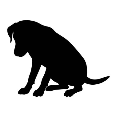 Bir köpeğin siyah silueti düz beyaz bir arka plana karşı otururken tasvir edilir. Köpeğin başı aşağıda ve kuyruğu arkasından uzanıyordu. Taslak temiz ve keskin, hayvanın şeklini vurguluyor..