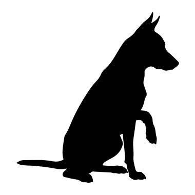 Beyaz bir arka planda oturan siyah bir köpek silueti tasvir edilir. Köpek başını hafifçe öne çevirmiş olarak sağa bakıyor. Ön pençelerinden biri oturarak ya da yalvararak kaldırılır. Siluet açıkça köpeğin kulaklarını tanımlıyor., 