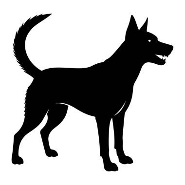 Siyah bir köpek silueti beyaz bir arkaplan karşısında duruyor. Köpeğin sivri kulakları, görünür dişleri, çalılı bir kuyruğu ve yere sıkıca dikilmiş dört pençesi vardır. Taslak keskin ve temiz, grafiksel bir r oluşturur.