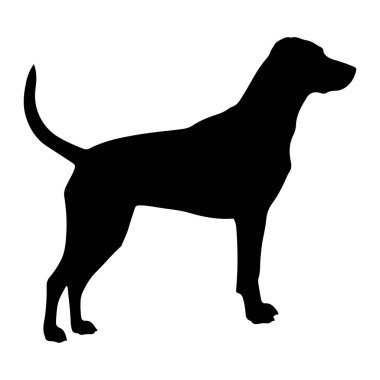 Siyah bir köpek silueti beyaz bir arkaplan karşısında duruyor. Köpek başı sağa dönük, kuyruğu dik ve ayakları sanki ayakta ya da yürüyormuş gibi konumlanmış şekilde tasvir edilir. Dış hatları temiz ve keskin, iç kısmı yok.