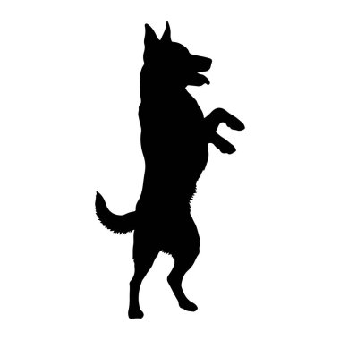 Siyah bir köpek silueti ön pençeleri havada arka ayakları üzerinde duruyor. Köpeğin ağzı açık ve dili görülebilir. Siluet beyaz bir arkaplanda izole edilmiş..