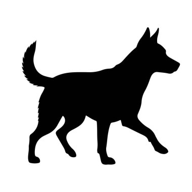 Bir köpeğin siyah silueti profilde betimlenir, sade beyaz arka planda soldan sağa doğru yürür. Köpeğin dik kulakları, yüksek bir çalı kuyruğu var, ve ayakları hareket halinde, hareketli bir yürüyüş ya da yürüyüş izlenimi uyandırıyor. Ana hatları keskin ve kalın.