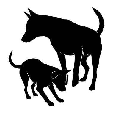 Beyaz arka planda iki siyah köpek silueti tasvir edilir. Bir köpek başını yana çevirmiş şekilde dik durur, diğeri ise başını eğik bir vaziyette, iki hayvan arasında etkileşim ya da oyun oynamayı önerir.. 